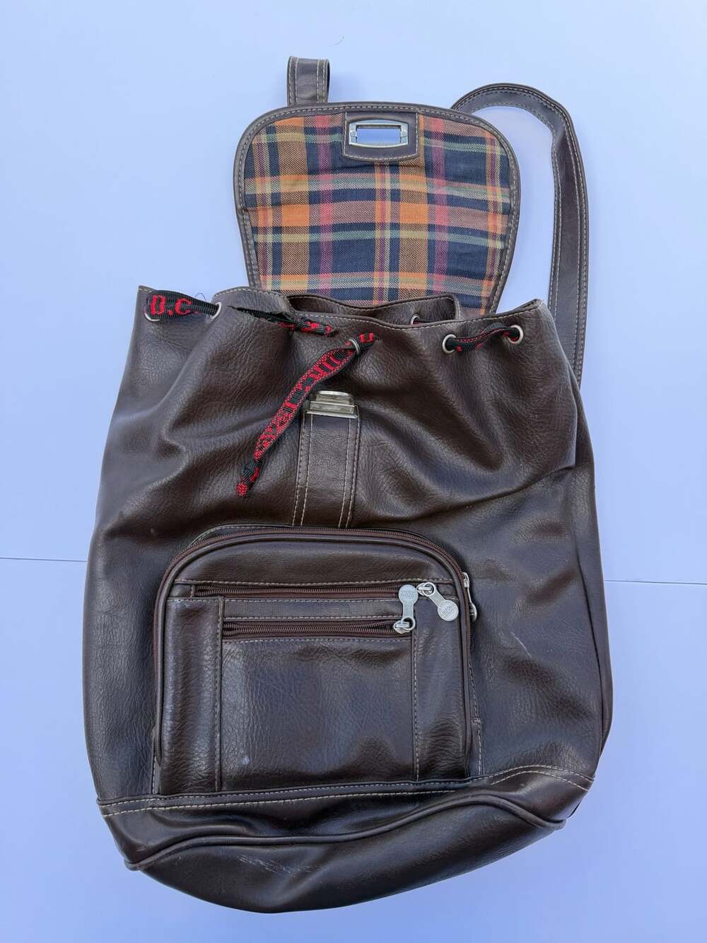 Arizona Brown Faux Leather Vintage Drawstring Backpack with Plaid Flap